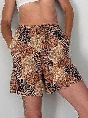 Teddi Vintage Animal-Print High-Waist Elastic Waist Shorts in Brown and Black